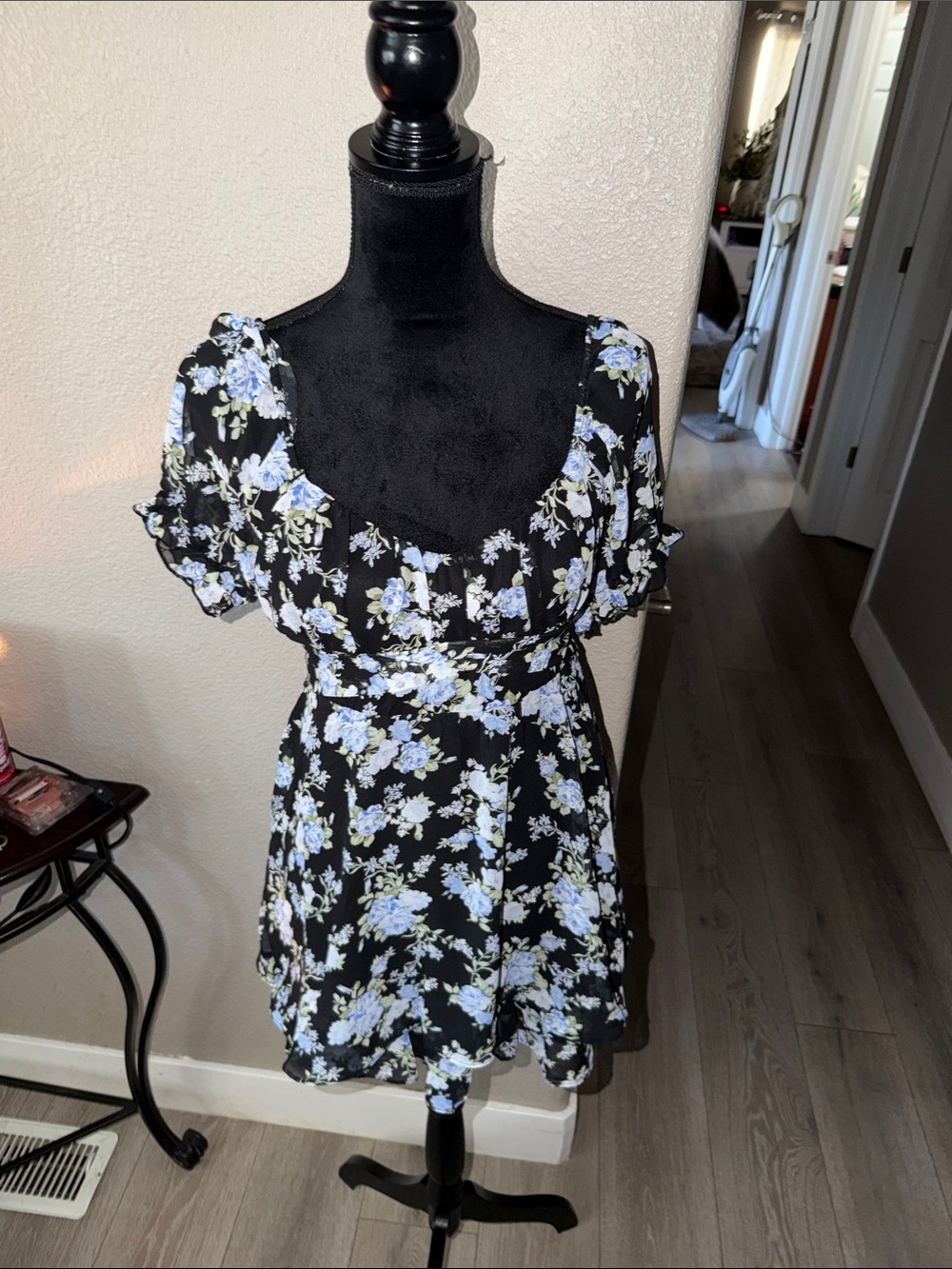 Floral Ruffled Sleeve Black Dress with Light Blue Flowers